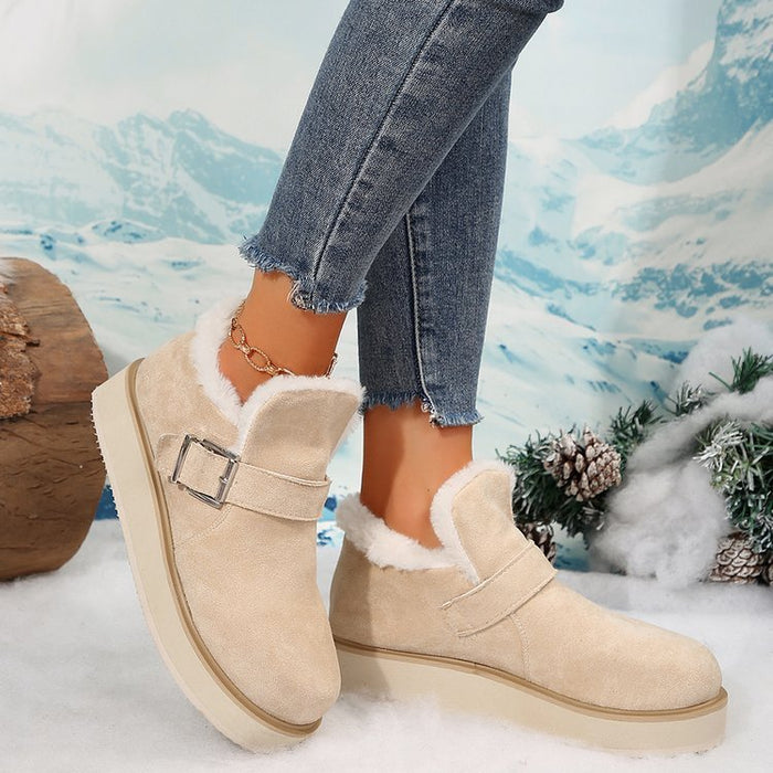 Winter Buckle Snow Boots Fashion Flat Thick-soled Cotton Shoes Round Toe Plus Velvet Warm Ankle Boot For Women DJFShopping/Fashion