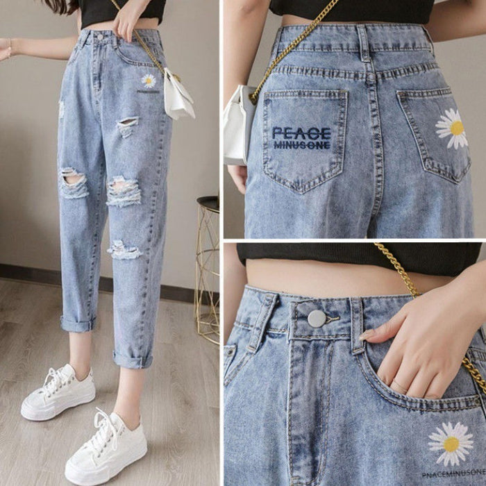 Embroidered Daisy Ripped Jeans Women Loose Cropped Trousers