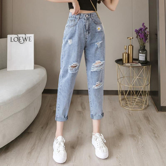 Embroidered Daisy Ripped Jeans Women Loose Cropped Trousers