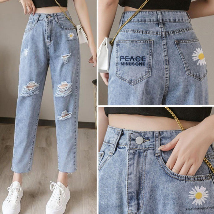 Embroidered Daisy Ripped Jeans Women Loose Cropped Trousers