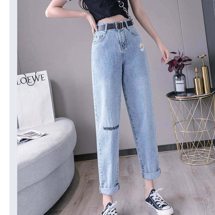 Embroidered Daisy Ripped Jeans Women Loose Cropped Trousers