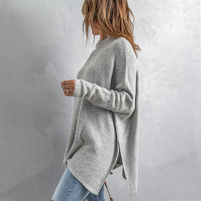 Mid-length Solid Jumper Women's Loose Diagonal Hem Sweater