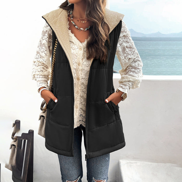 Winter Vest Women Loose Commuting Mid-length Hooded Cotton Jacket With Pockets Fashion Warm Zipper Fluffy Coat Outdoor Clothing DJFShopping/Fashion