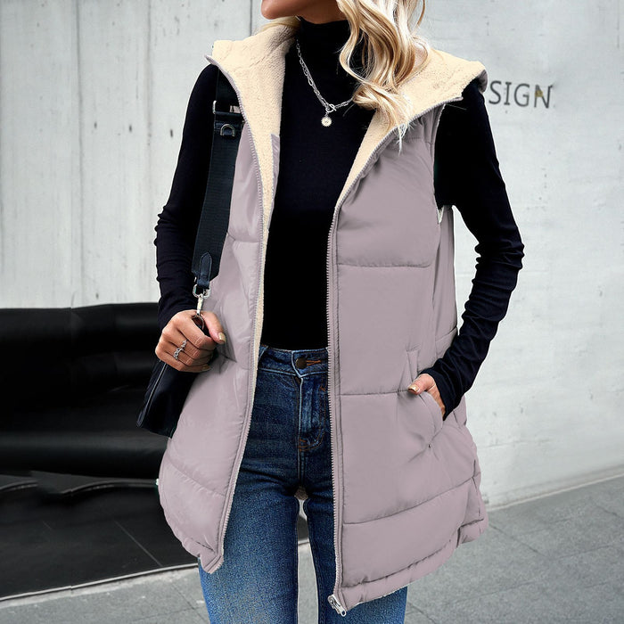 Winter Vest Women Loose Commuting Mid-length Hooded Cotton Jacket With Pockets Fashion Warm Zipper Fluffy Coat Outdoor Clothing DJFShopping/Fashion