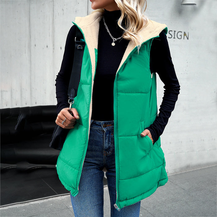 Winter Vest Women Loose Commuting Mid-length Hooded Cotton Jacket With Pockets Fashion Warm Zipper Fluffy Coat Outdoor Clothing DJFShopping/Fashion