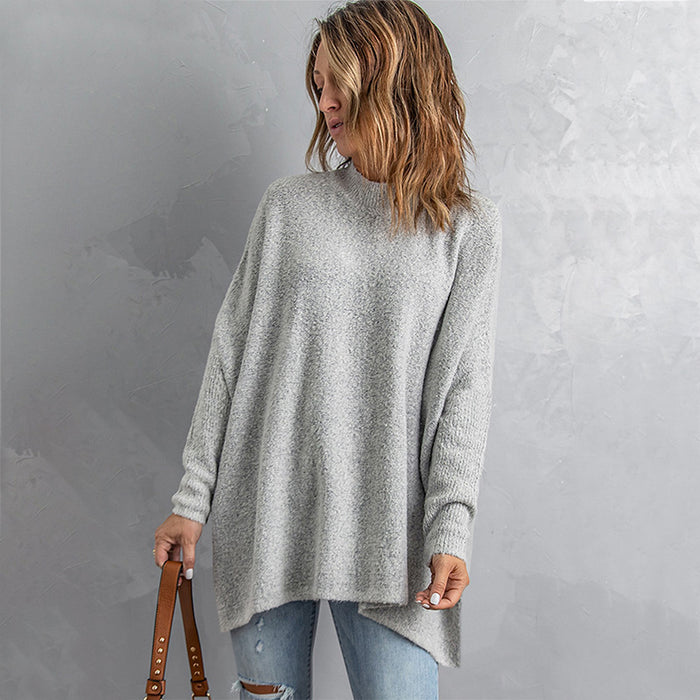 Mid-length Solid Jumper Women's Loose Diagonal Hem Sweater