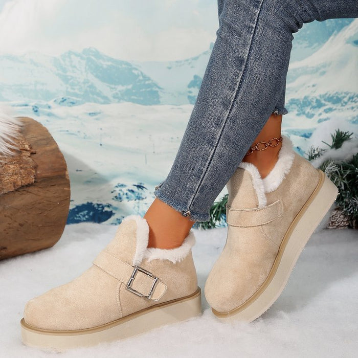 Winter Buckle Snow Boots Fashion Flat Thick-soled Cotton Shoes Round Toe Plus Velvet Warm Ankle Boot For Women DJFShopping/Fashion